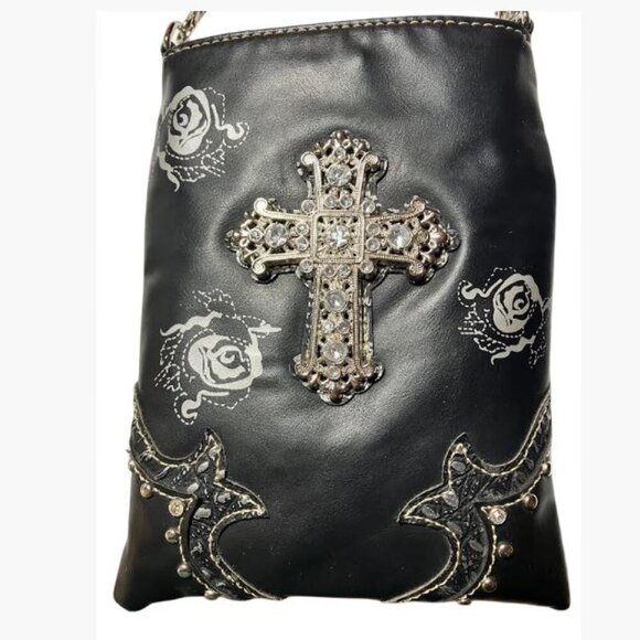 Rustic Coutures Crossbody Faux Leather Black Pouch with Silver Cross OS GUC - Picture 3 of 7